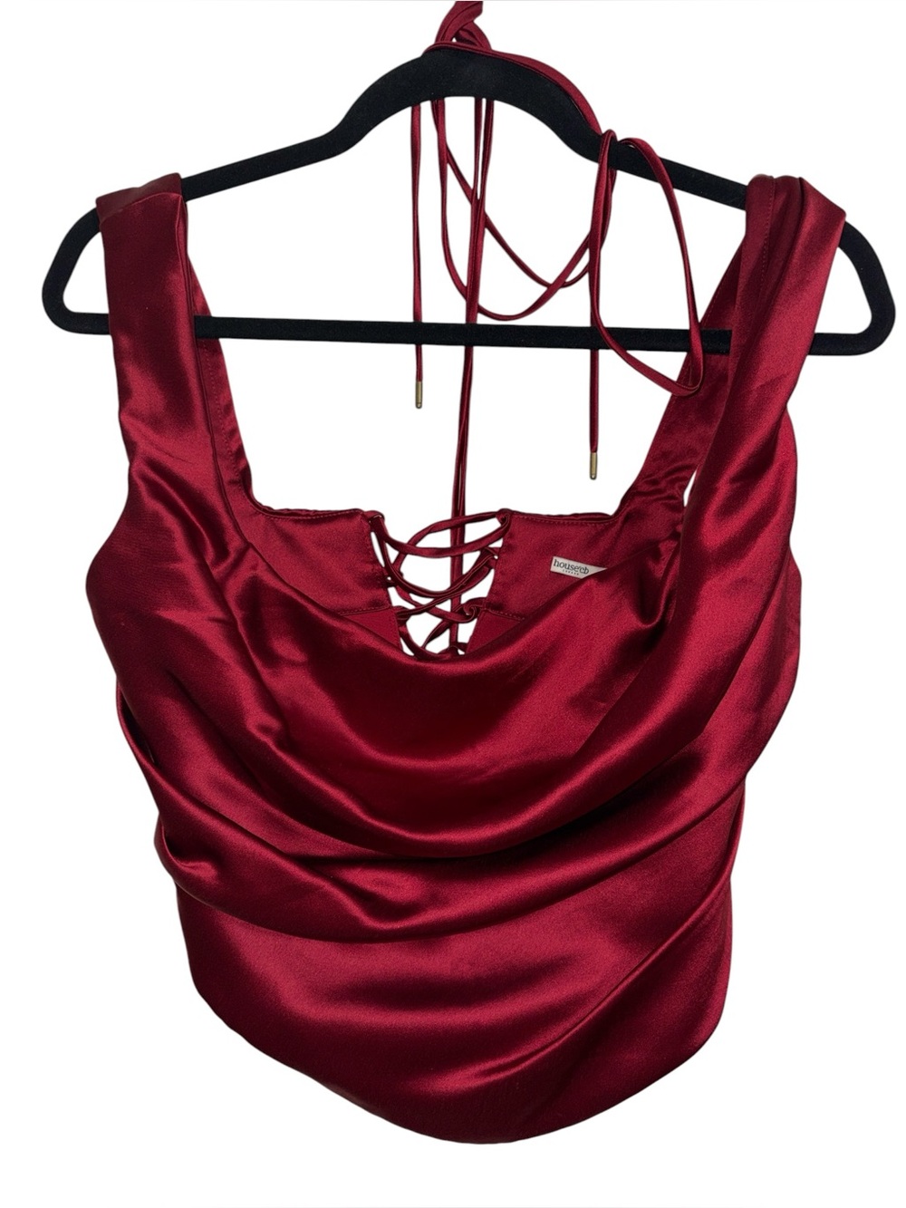 House of CB Una Corset Top Lace-up Dark Red Satin, Size L - Picture 2 of 9